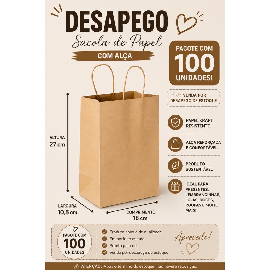 Sacola Papel Kraft Com Alça 18x10,5x27cm Pacote 100 Unidades Desapego