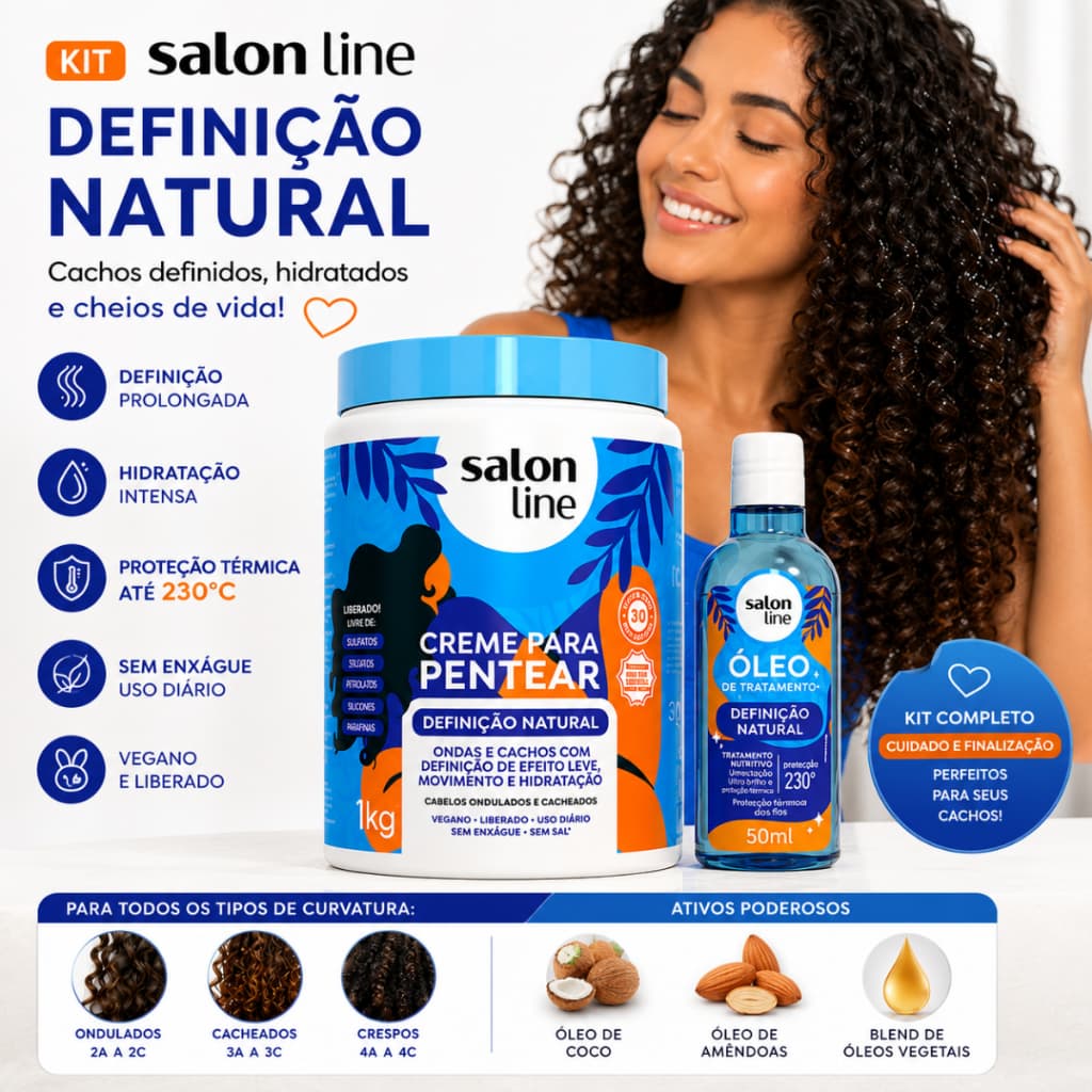 Kit Salon Line Definição Natural Creme Para Pentear 1kg + Óleo Capilar 50ml Cachos