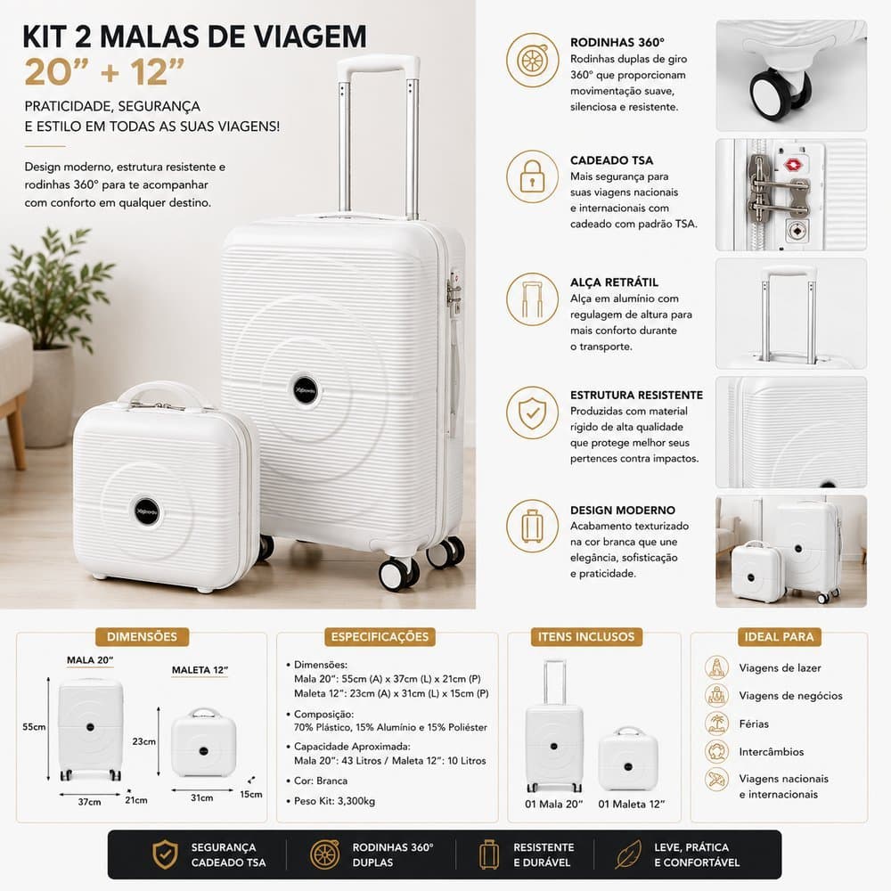 Kit De 2 Malas De Viagem 20'' e 12'' com Roda Giratório Mala de Mão Mala Pequena - Branca