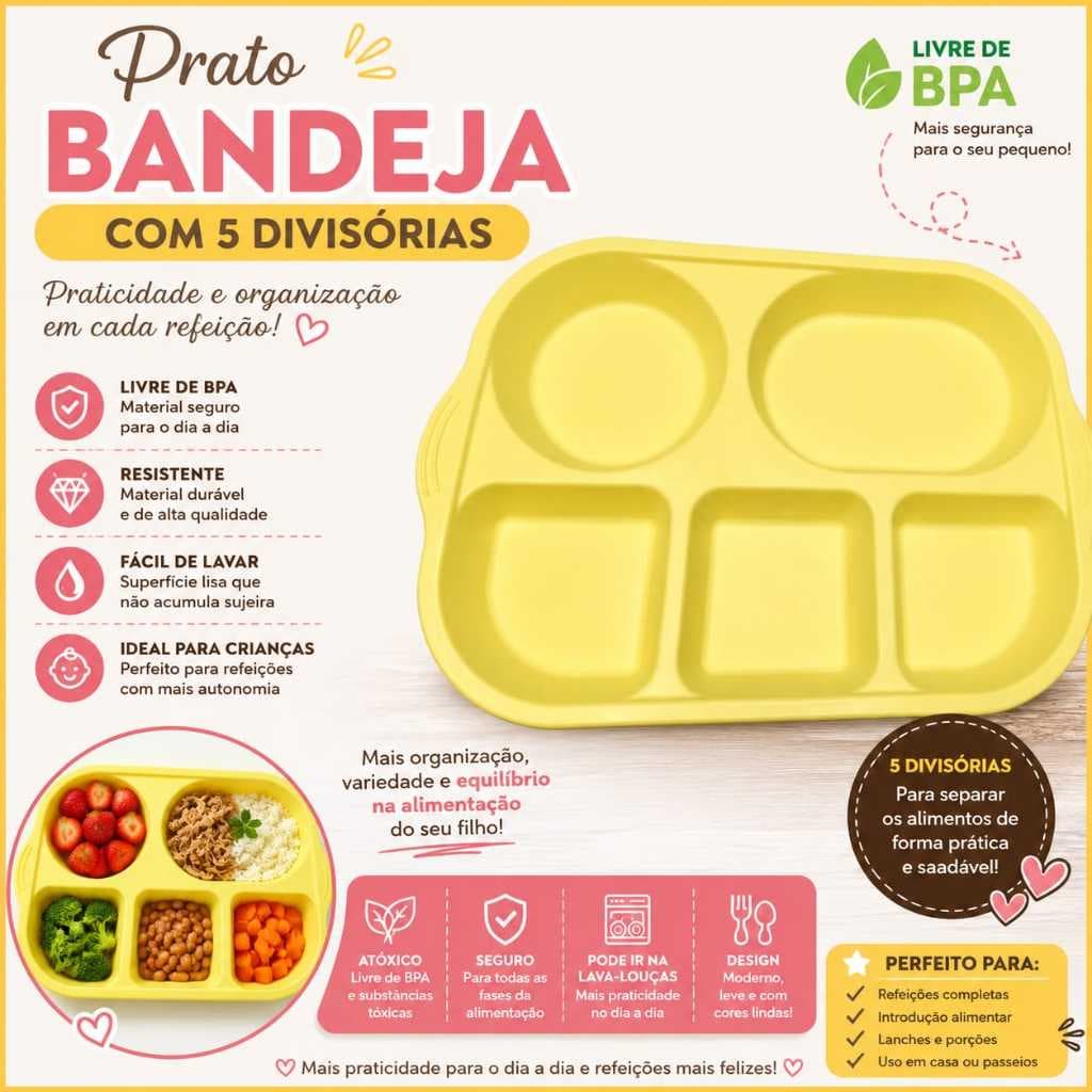 Prato Bandeja Infantil com 5 Divisórias – Organizador de lanches e refeição - Livre de BPA