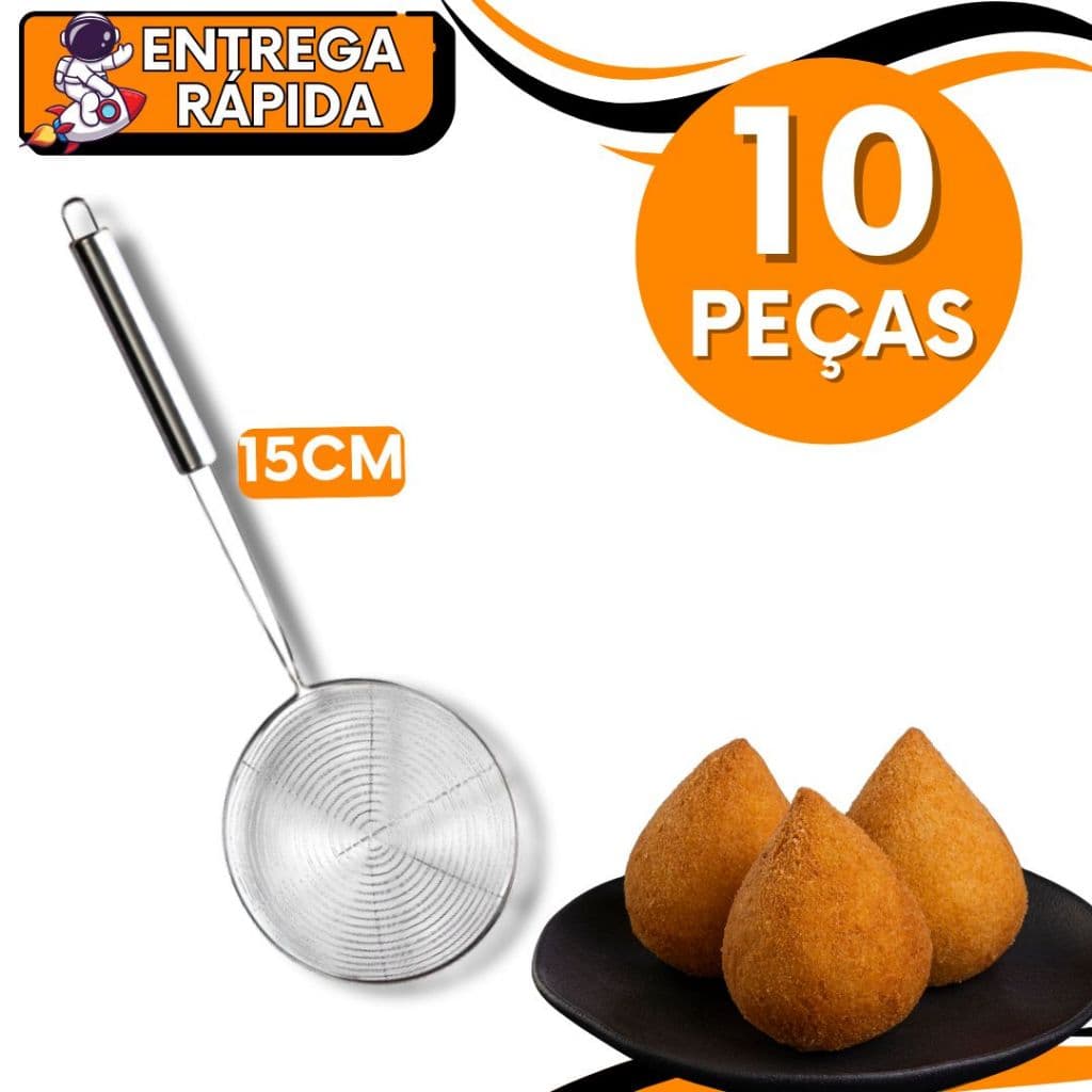 KIT JOGO 10 Escumadeira Aramada Resistente Fritura Inox 37,5CM Comprimento Batata Pastel Resistente Multiuso Universal