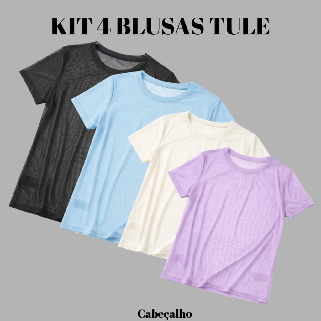 Kit 4 Blusa Feminina Transparente de Tule Manga Curta Camiseta Para Treino Academia Elegante