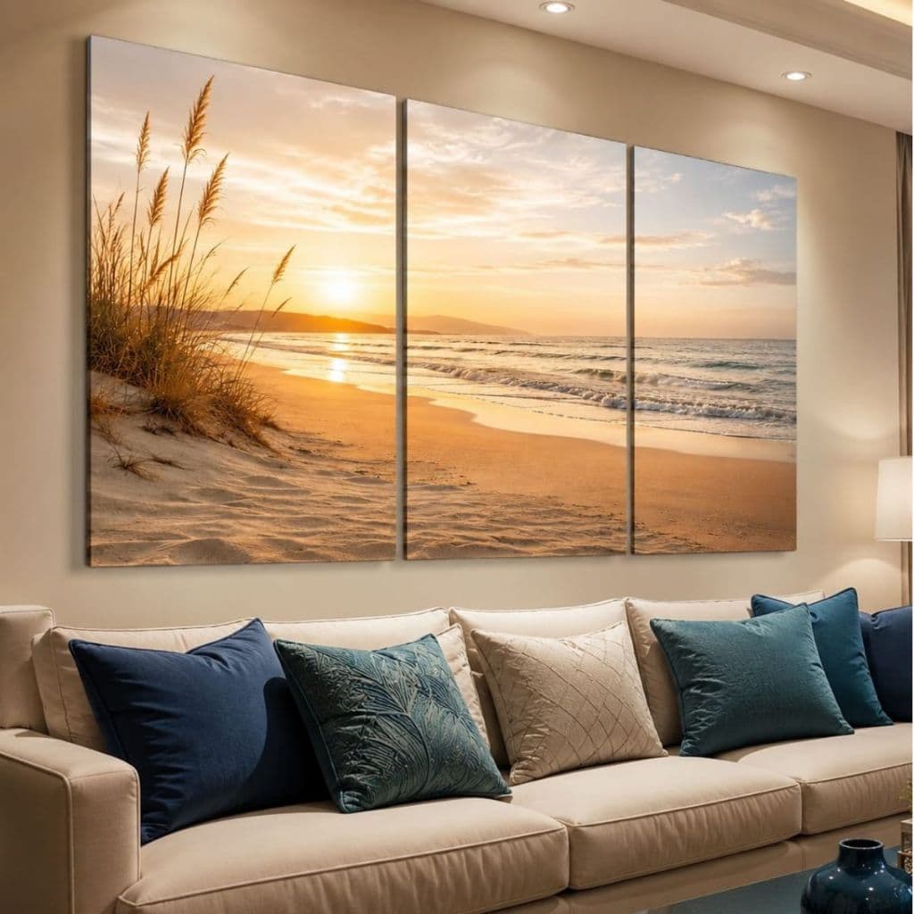 Quadro Decorativo 3 Peças Minimalista Calmante Praia Pôr Do Sol Sala Quarto