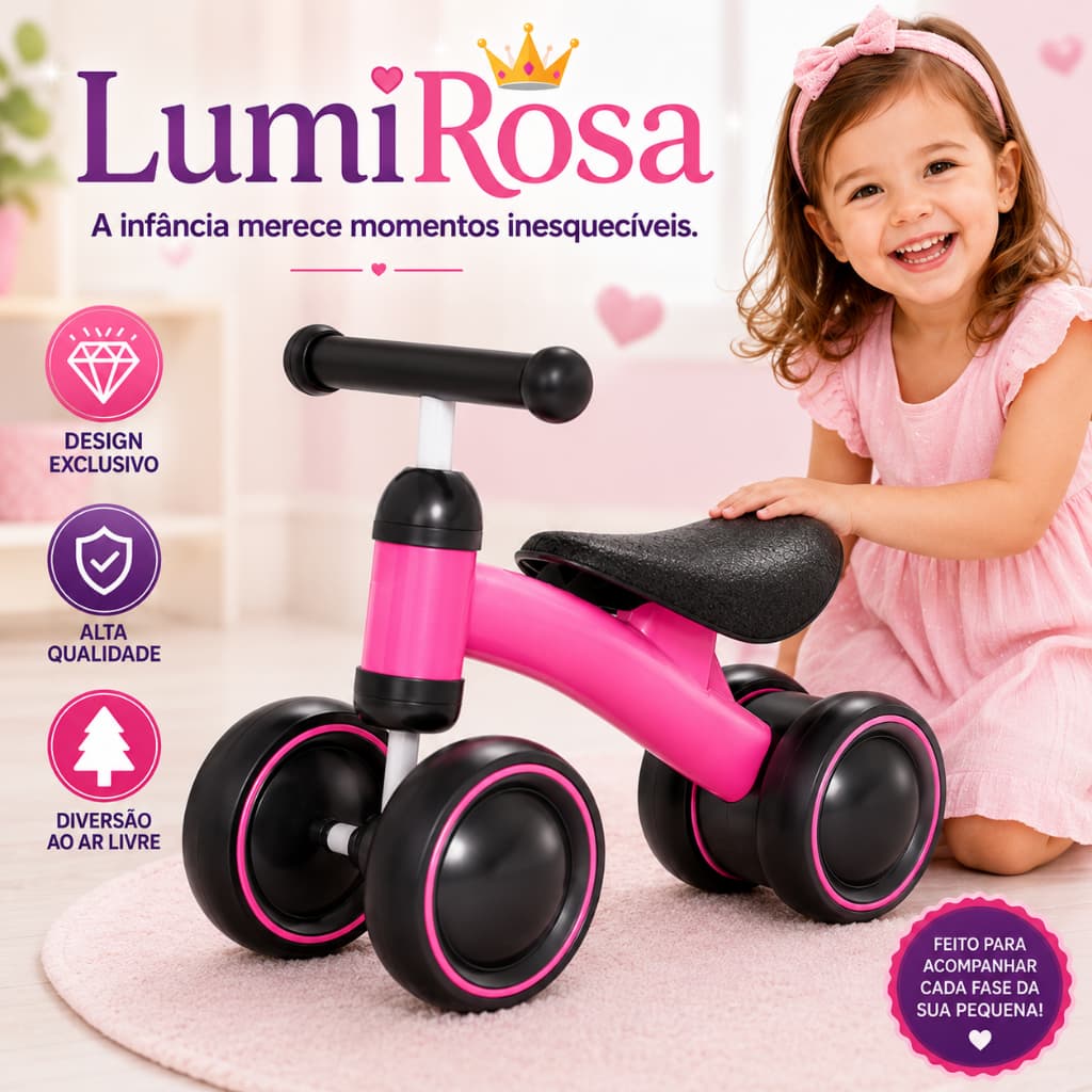 Triciclo Infantil Menina 4 Rodas de Equilíbrio LumiRosa™ Rosa Educativo Resistente