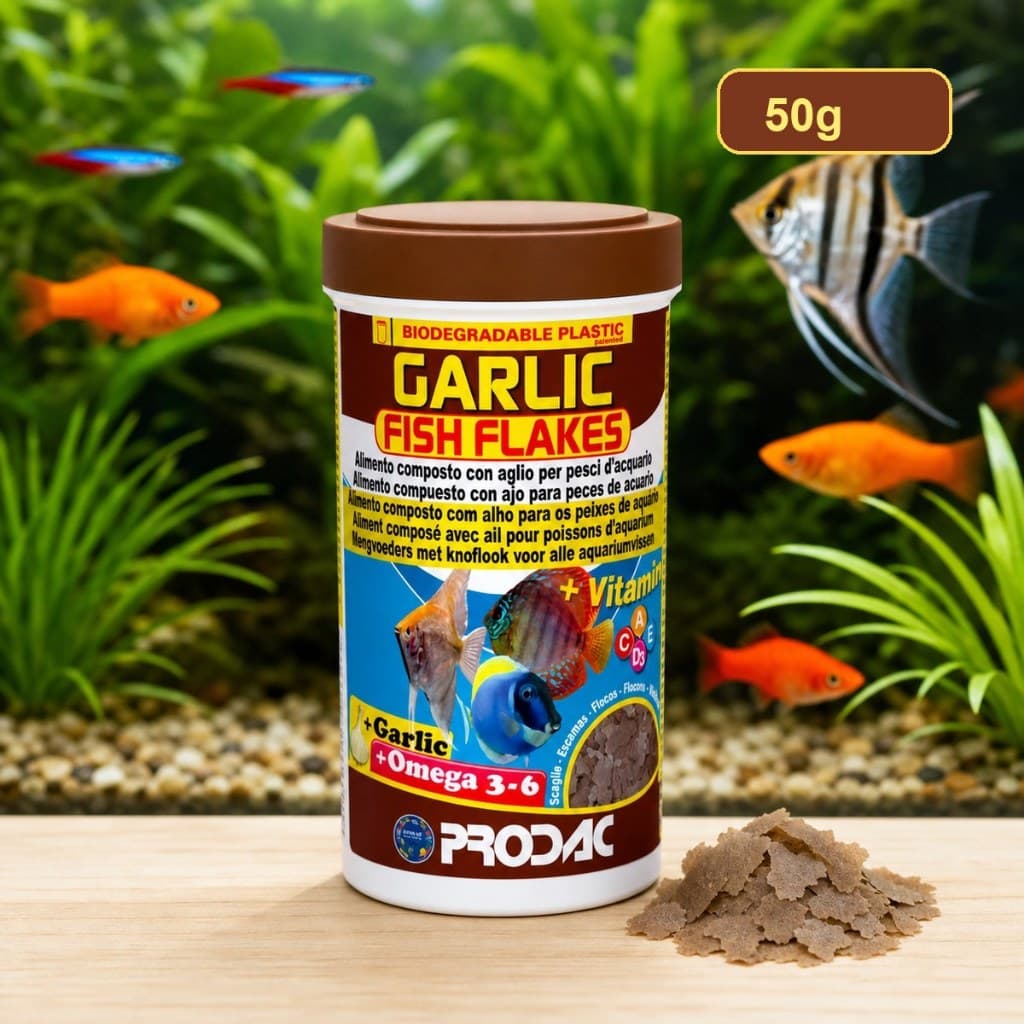 Racao Prodac Garlic Fish Flakes 50g para Peixes