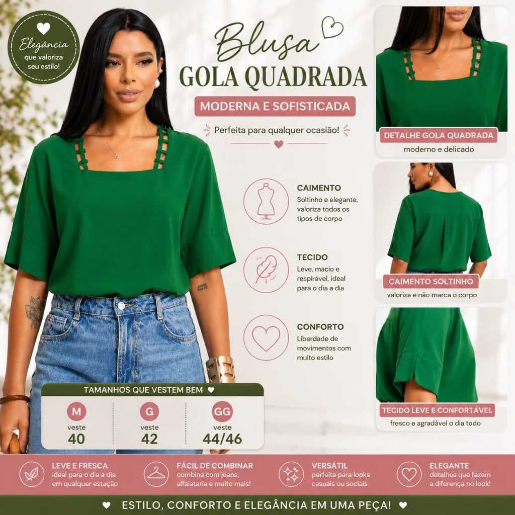Blusa Feminina Viscolinho Gola Quadrada Manga Curta Elegante Confortável Leve Macio Moda Social