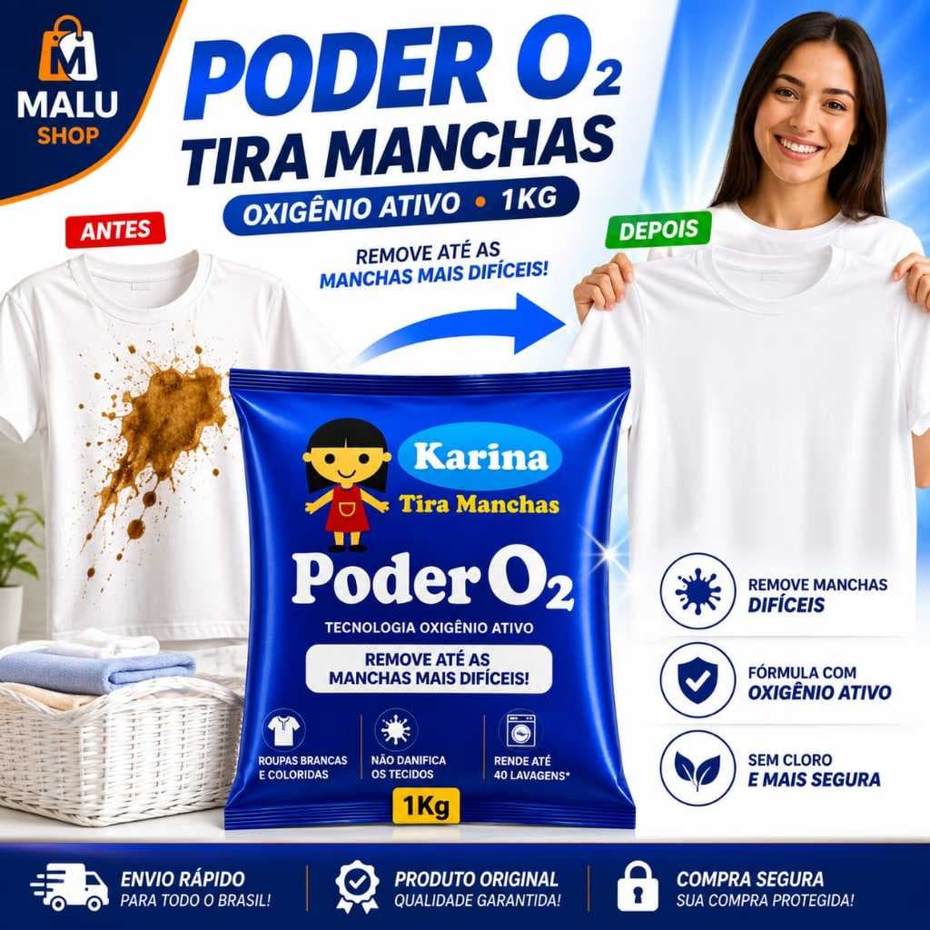 Percarbonato de Sódio Karina Poder O2 1kg Tira Manchas Oxigênio Ativo Potente Roupas Brancas e Coloridas Limpeza Pesada