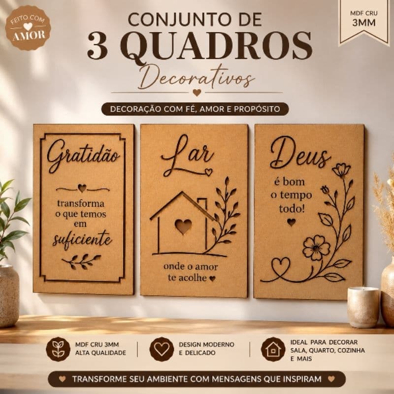 Quadro Decorativo Decoração Casa Conjunto 3 Quadros Decoração Sala Hall Quarto Quadro Decorativo
