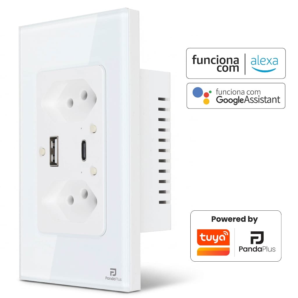 Tomada Inteligente Wifi Dupla USB-A/C Carrega Rápido 10A Bivolt Smartlife Tuya Panda Plus Alexa Google Controle Voz App