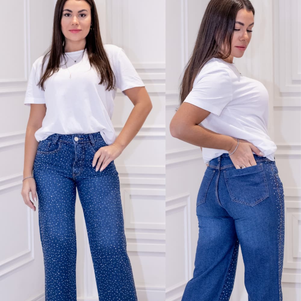 Calça Jeans Wide Leg Com Strass na Frente, Cintura Alta - Modelo Constelação de Cristal