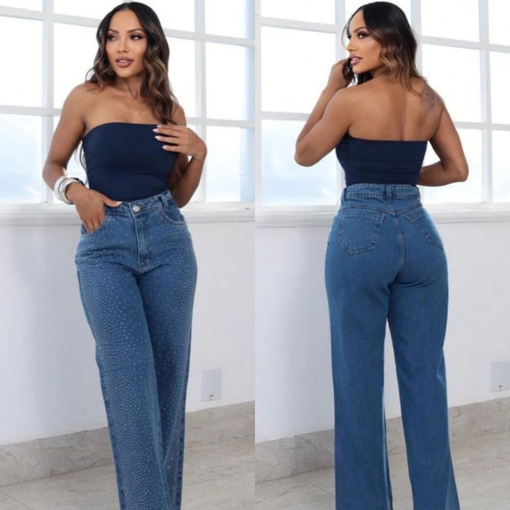 Calça Jeans Wide Leg Com Strass na Frente, Cintura Alta - Modelo Explosão Lateral