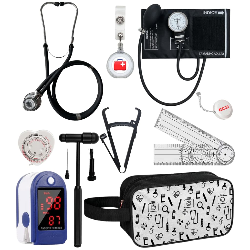 Kit Completo para Fisioterapia Aparelho de Pressão, Estetoscópio, Martelo Reflexo, Goniômetro, Fita Métrica Nécessaire