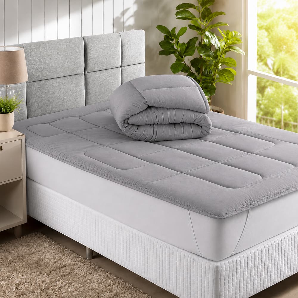 Pillow Top Casal Padrão Cinza Protetor Colchão Cama Box 400 Fios Toque Macio