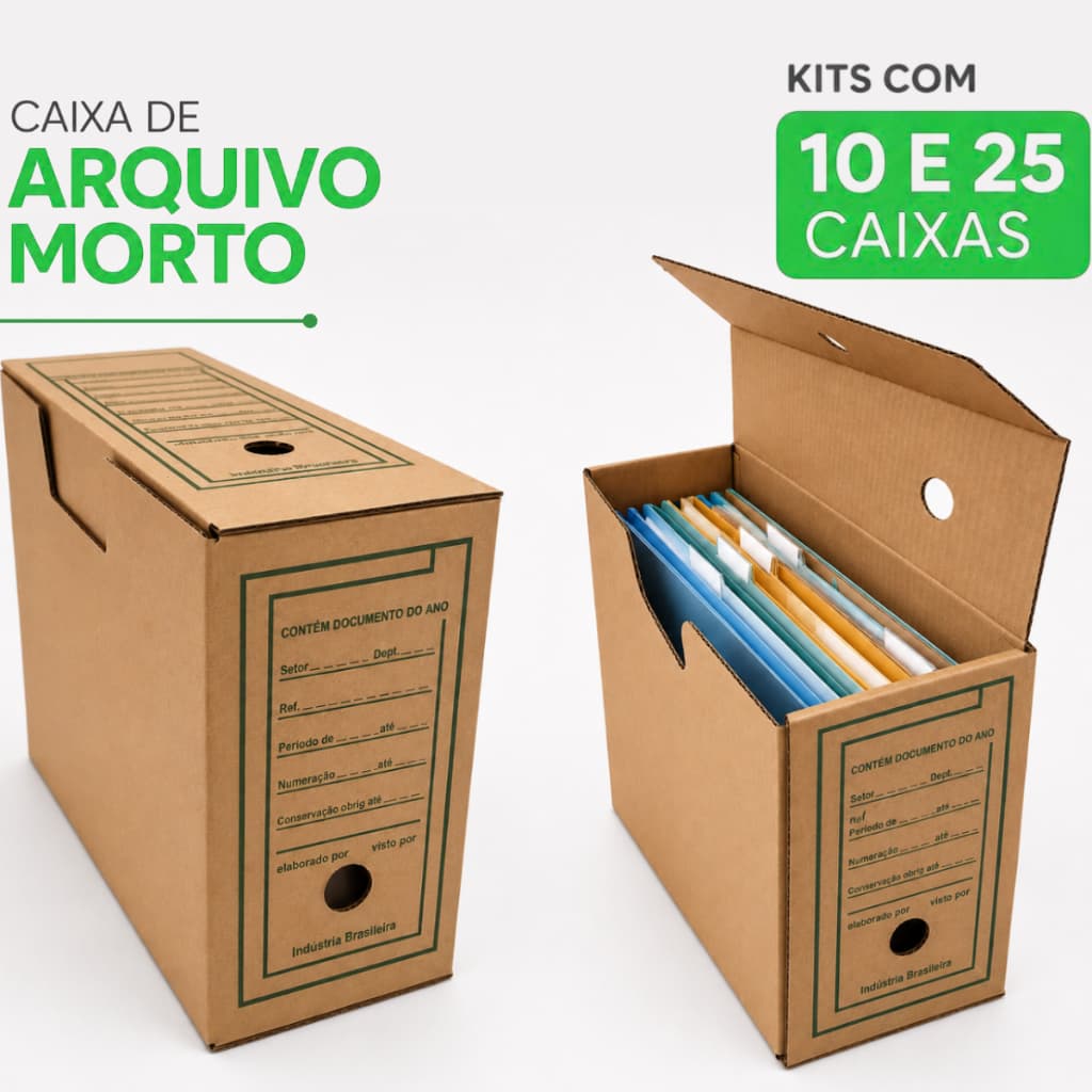 Caixa Arquivo Morto Organização Registros Escritório Empresa Ofício  Kraft 1 Kits com 10 cxs e 25 cxs