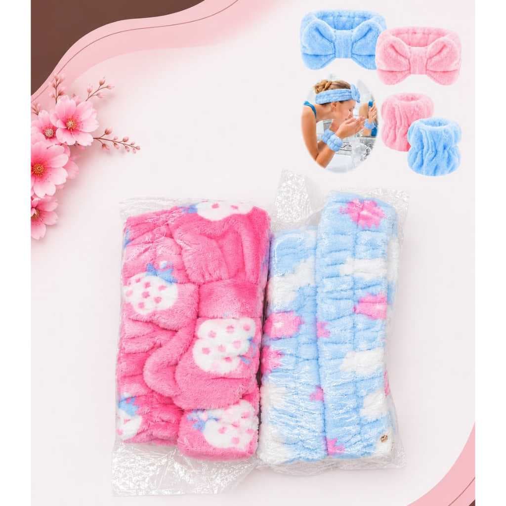 KIT 2 FAIXAS PARA CABELO E PULSEIRAS PARA SKINCARE E MAQUIAGEM ESTAMPADAS