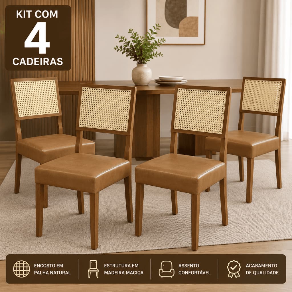 Kit 2 e 4 Cadeiras de Jantar com Encosto em Rattan Tela Natural 100% Madeira Maciça