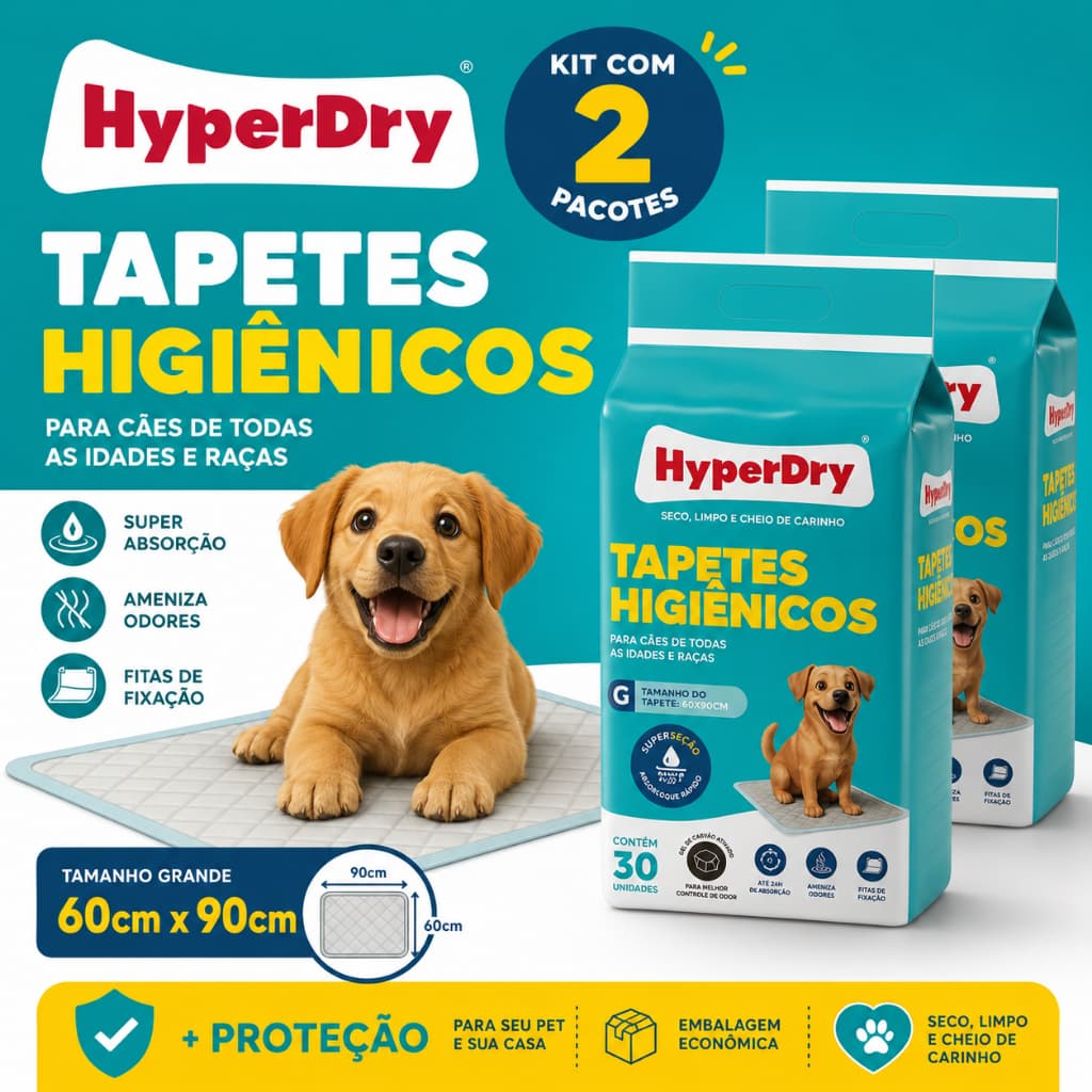 Kit 2x Tapete Higiênico Para Cães 60x90cm Total 60 Unidades - Seca Rápido e Não Passa Cheiro