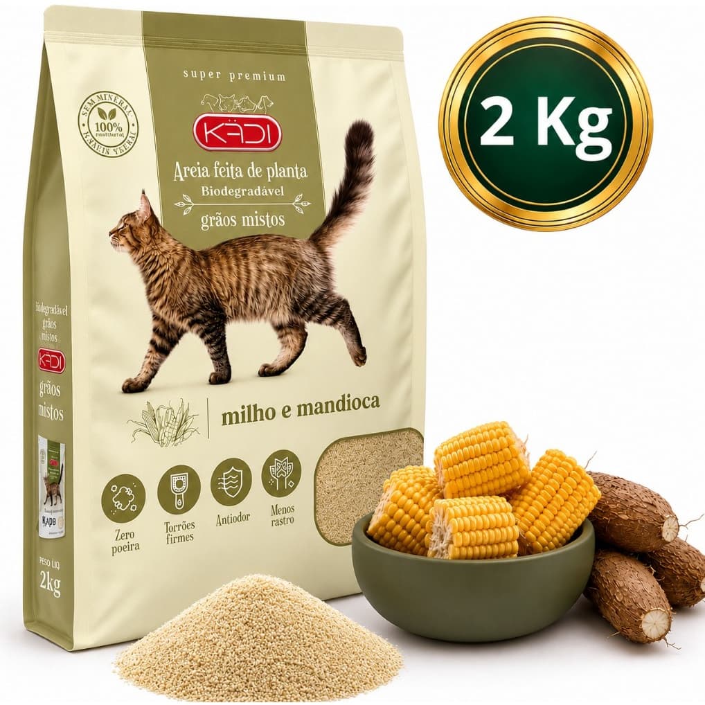 Areia Milho Mandioca Biodegradável Grão Mistos Gato 2kg Kadi
