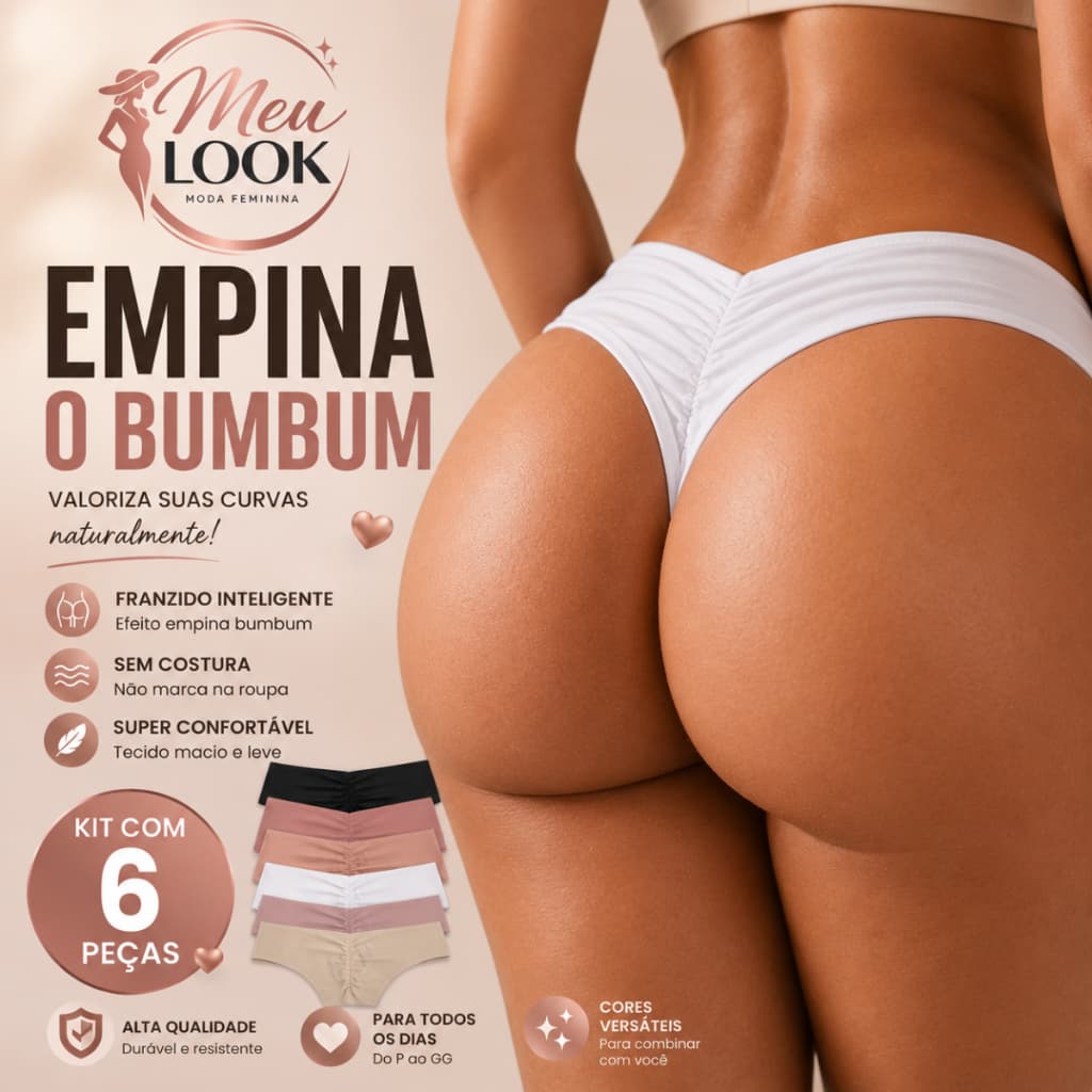 Kit De 06 Calcinhas Empina Bumbum Sem Costura Fio Duplo Franzida Modeladora Confortável P ao GG