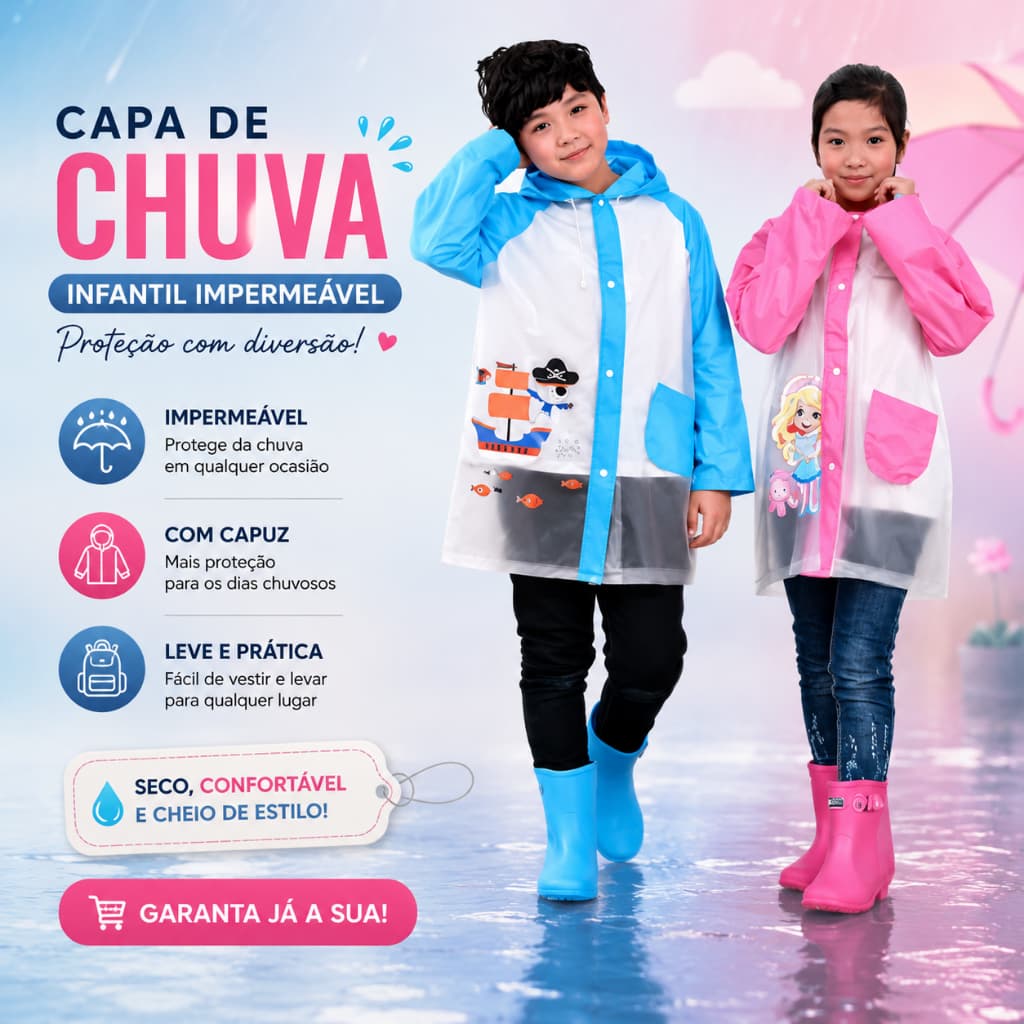Capa de Chuva Infantil PVC Resistente 8 a 12 Anos Meninos e Meninas Impermeável | Capa de Chuva Infantil com Desenhos