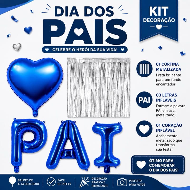 Kit Decoração Dia dos Pais 4 Itens Festa Completa Painel e Enfeites para Comemoração Cortina