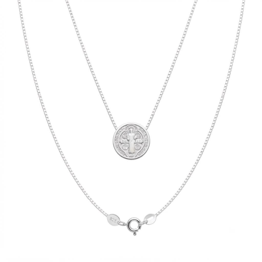 Corrente Colar Veneziana São Bento Prata 925 Legítima 45cm Cordão Com Medalha São Bento