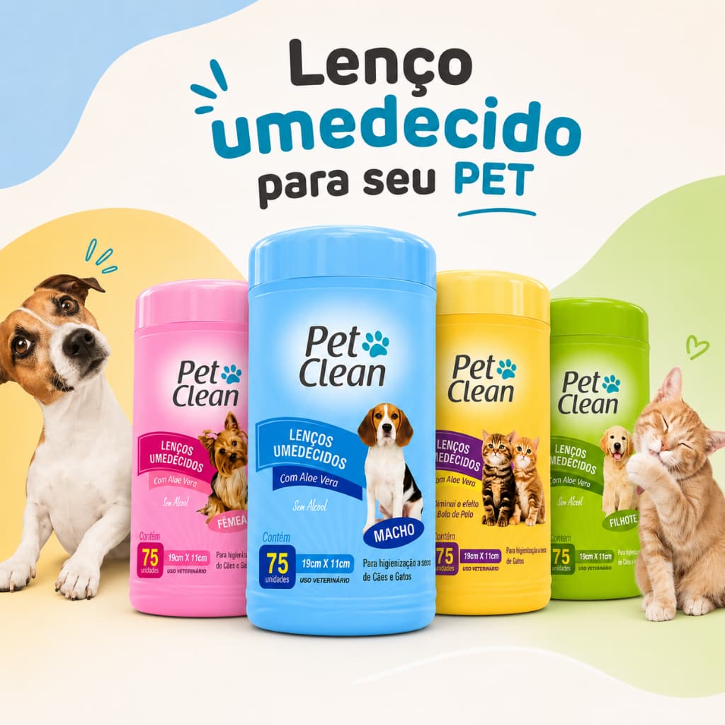 Lenço Umedecido Para Cachorro e Gato Filhote Macho Fêmea PetClean 75 Unidades
