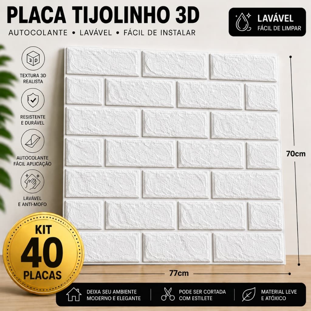 Lote 40 Placas Tijolinho Autocolante 70x77 Decoração Ambientes