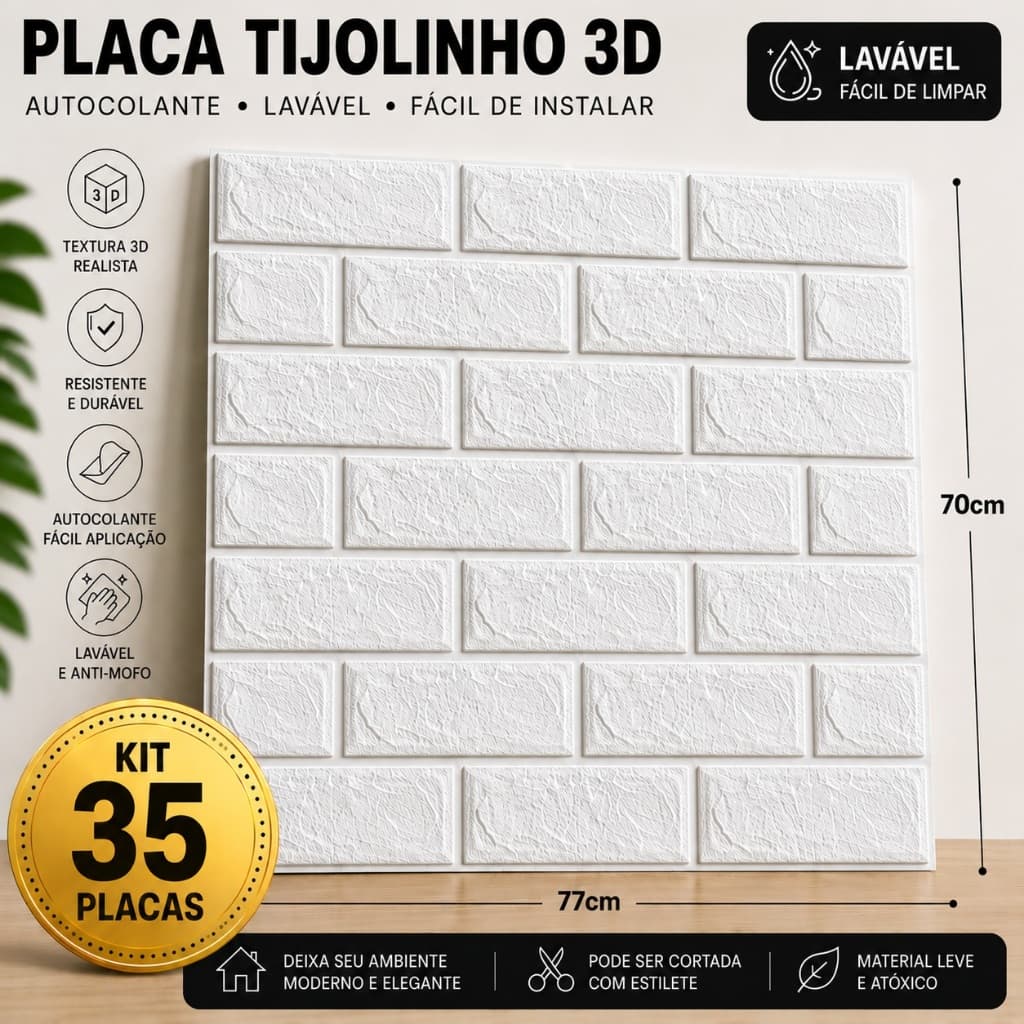 Lote 35 Placas Tijolinho Autocolante 70x77 Decoração Ambientes