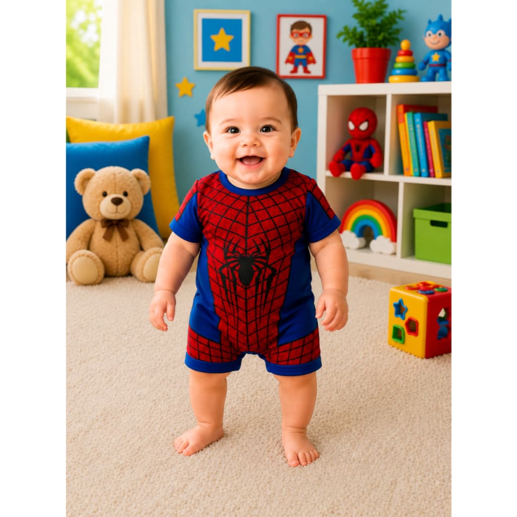 Fantasia Infantil Homem Aranha Macacão Baby Confortável e Leve Ideal para Mesversario e Ensaios Fotográficos