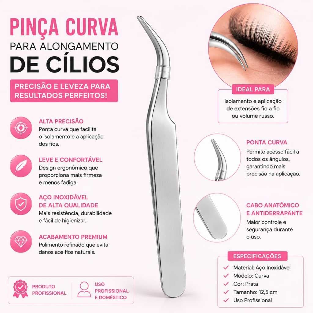 Pinça Curva Profissional para Alongamento de Cílios – Aço Inoxidável