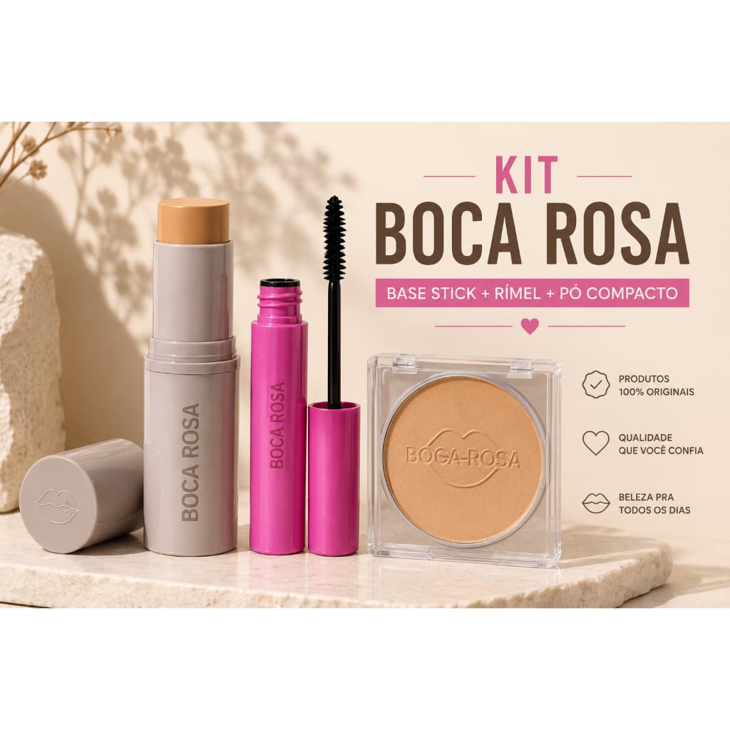 Kit Boca Rosa Essencial – Base Stick + Rímel + Pó Compacto
