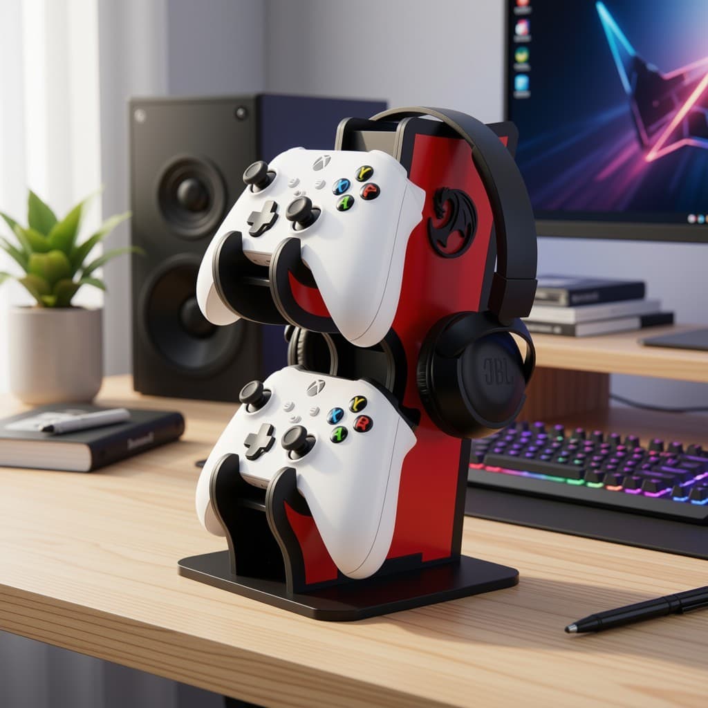 Suporte Gamer para Controle e Headset MDF Organizador de Mesa PS5 PS4 Xbox One Series X/S Vermelho