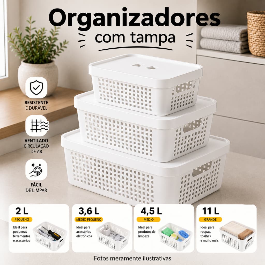 Lp Hause Kit 04 Cesto Organizador  Caixas de Armazenamento Cor Preto Lisa Casa Decoração