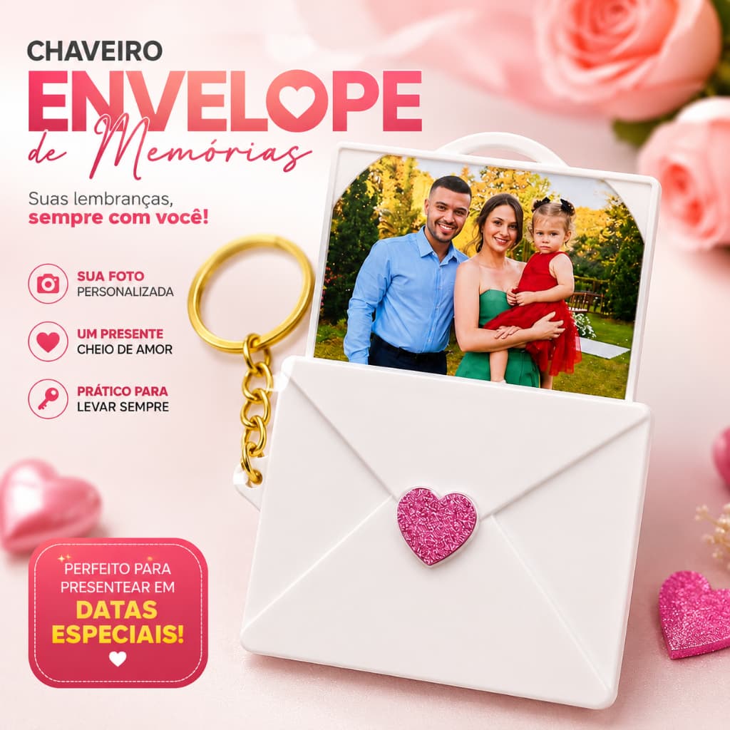 Chaveiro Porta Retrato Personalizado com Foto | Envelope do Amor | Presente Criativo para Namorados, Casais, Pais e Mães