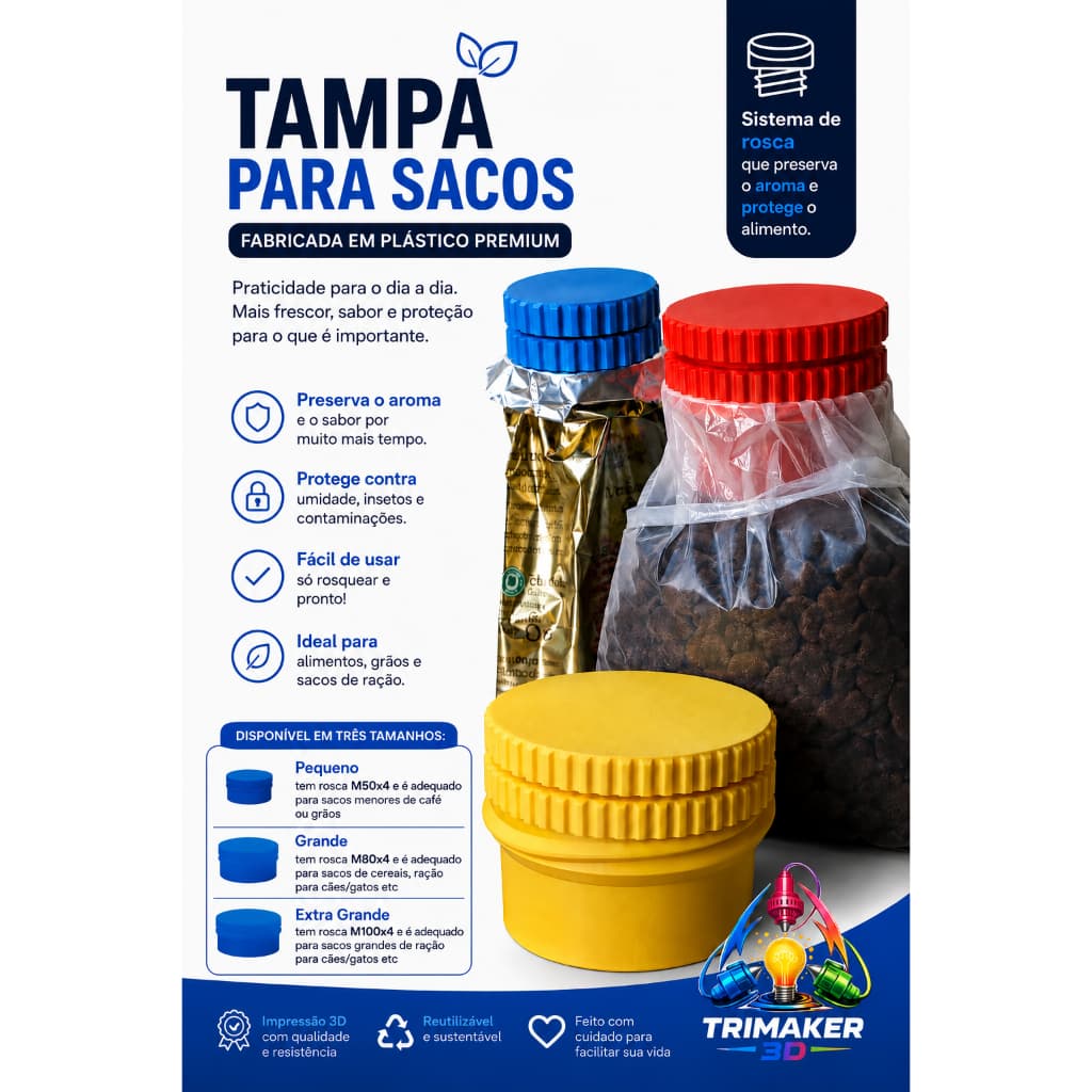 Tampa Fecha Saco com Rosca – 3 Tamanhos e Várias Cores | Vedação Prática para Ração, Café e Grãos