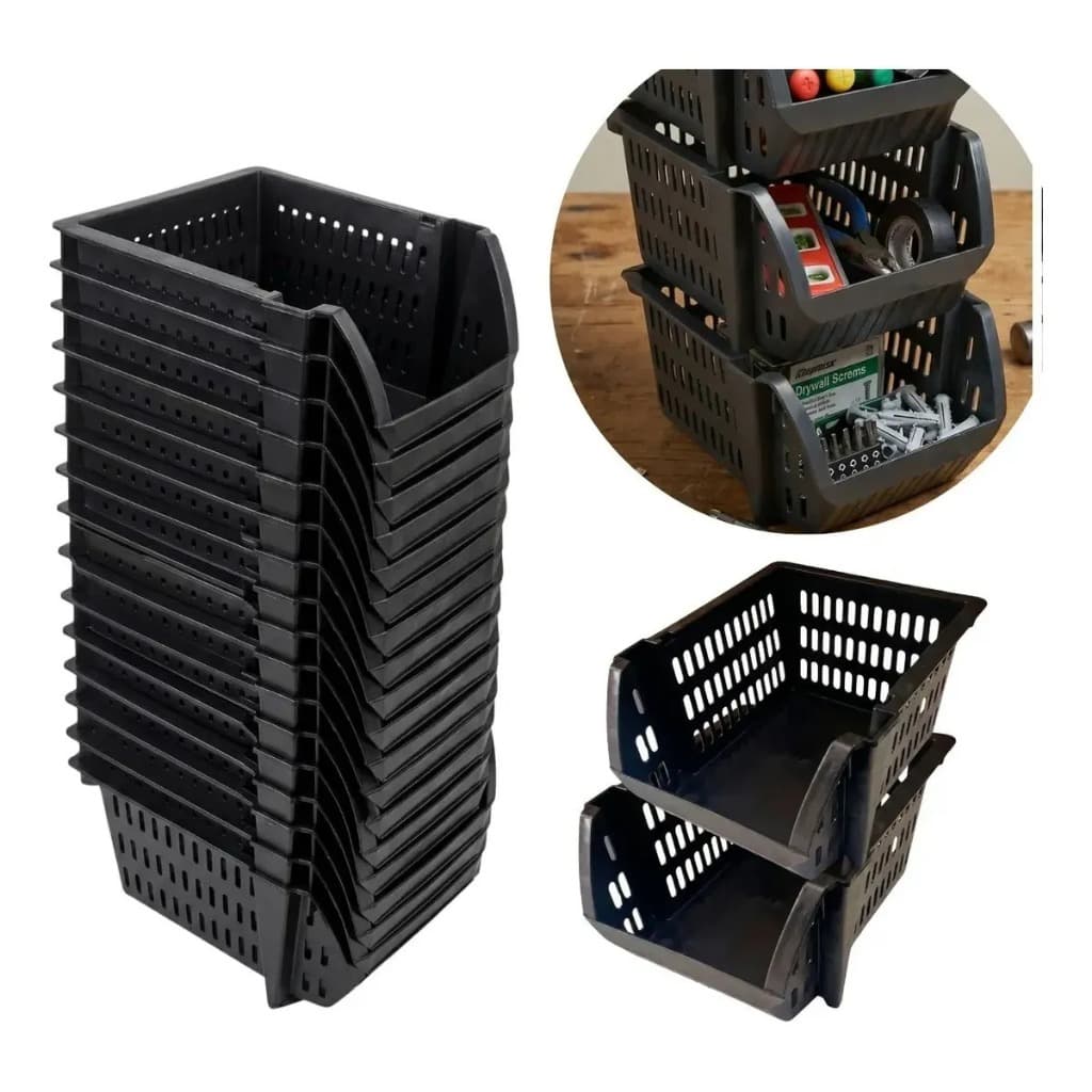 Kit 20 Cestos Caixa Bin Empilháveis Cesto Preto Organizador Expositor Estoque Loja Plástico 25cm