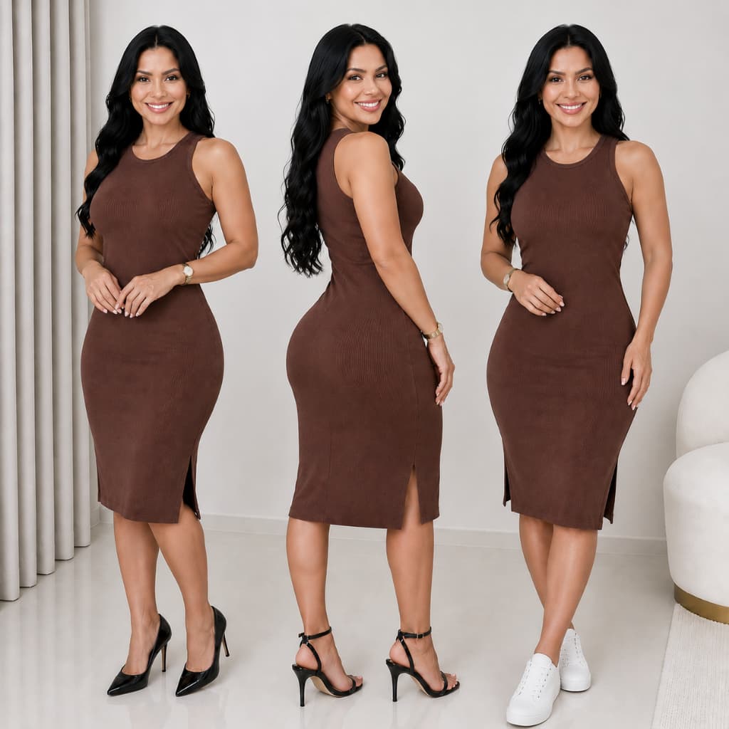 Vestido Feminno Regata Com Fenda Midi Lateral Cenelado M ao GG