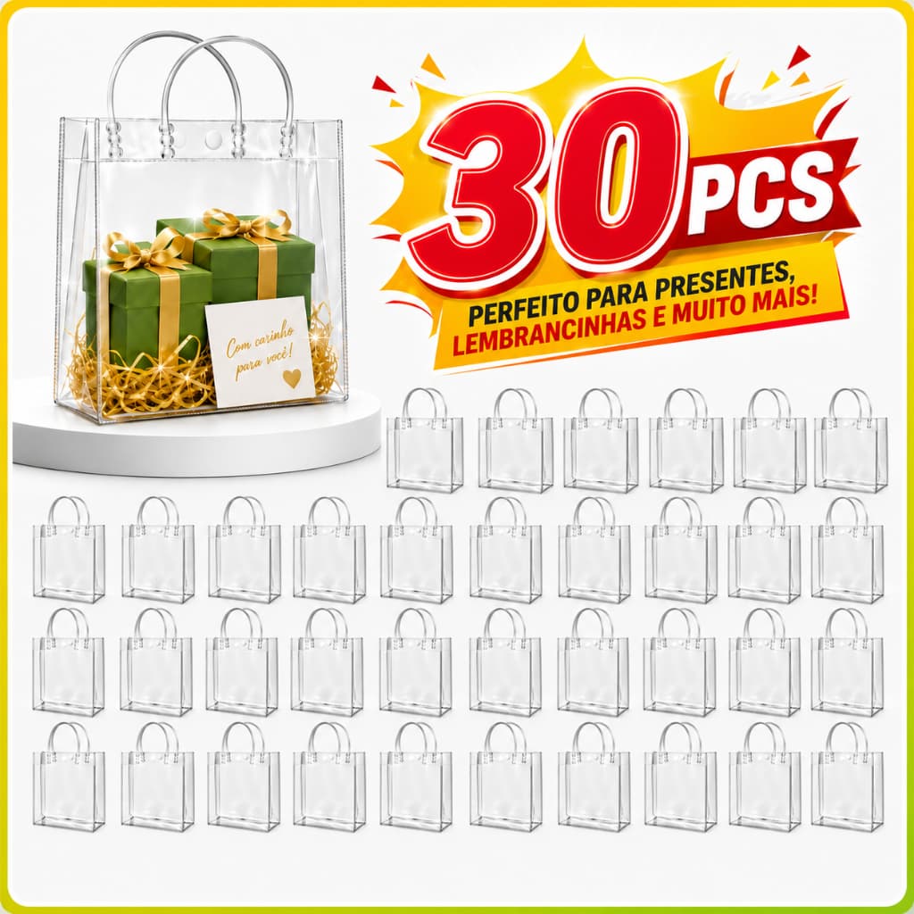 Sacola de Presente PVC Transparente Reforçado 15x16x7cm com Alças para Lembrancinhas e Presentes