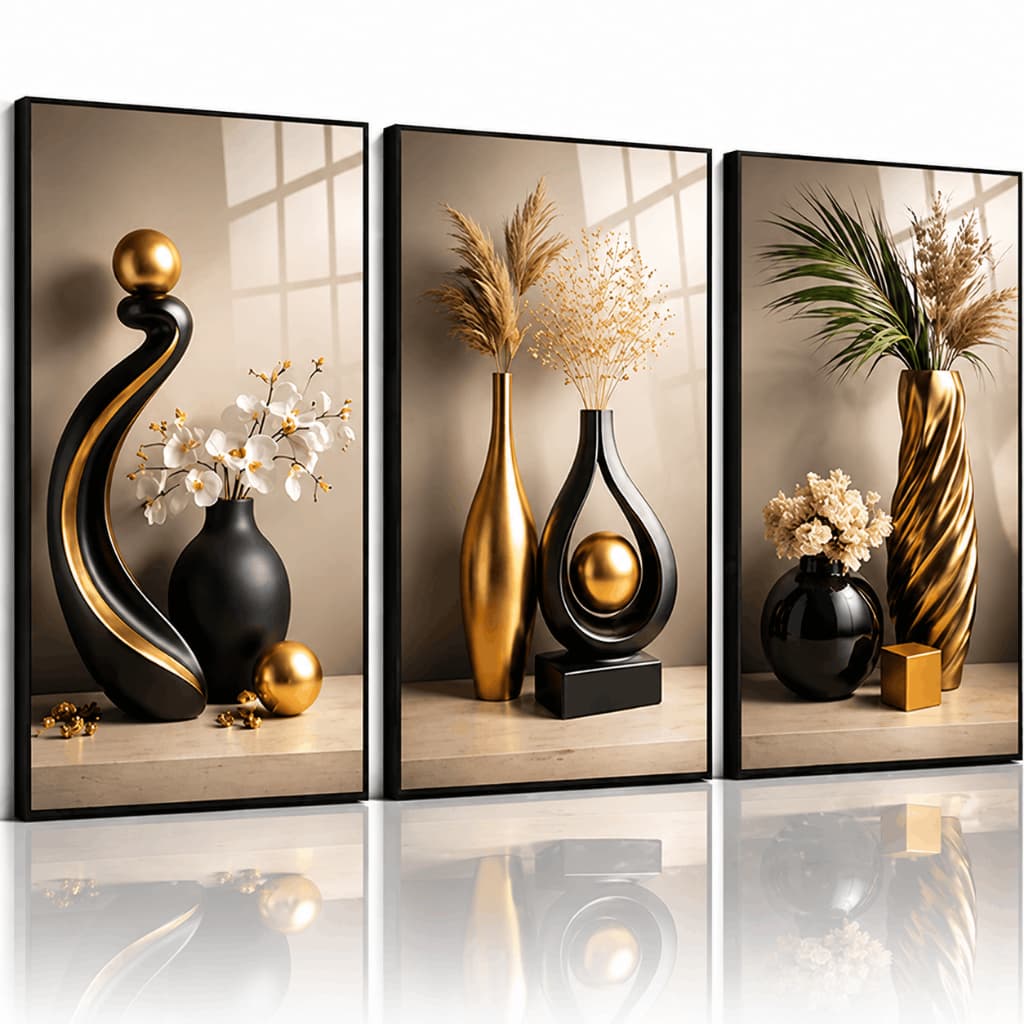Kit 3 Quadros Decorativos Vasos Preto e Dourado em MDF para Sala, Quarto e Escritório Moderno