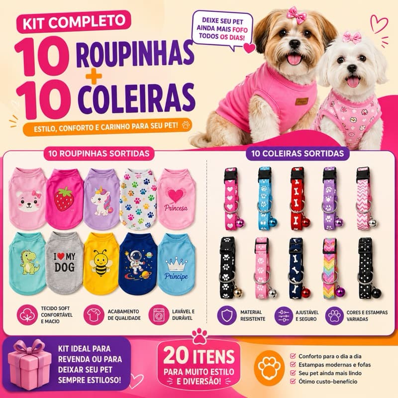 🐾 Kit Pet Completo com 20 Itens - 10 coleiras - 10 roupinhas Pet.