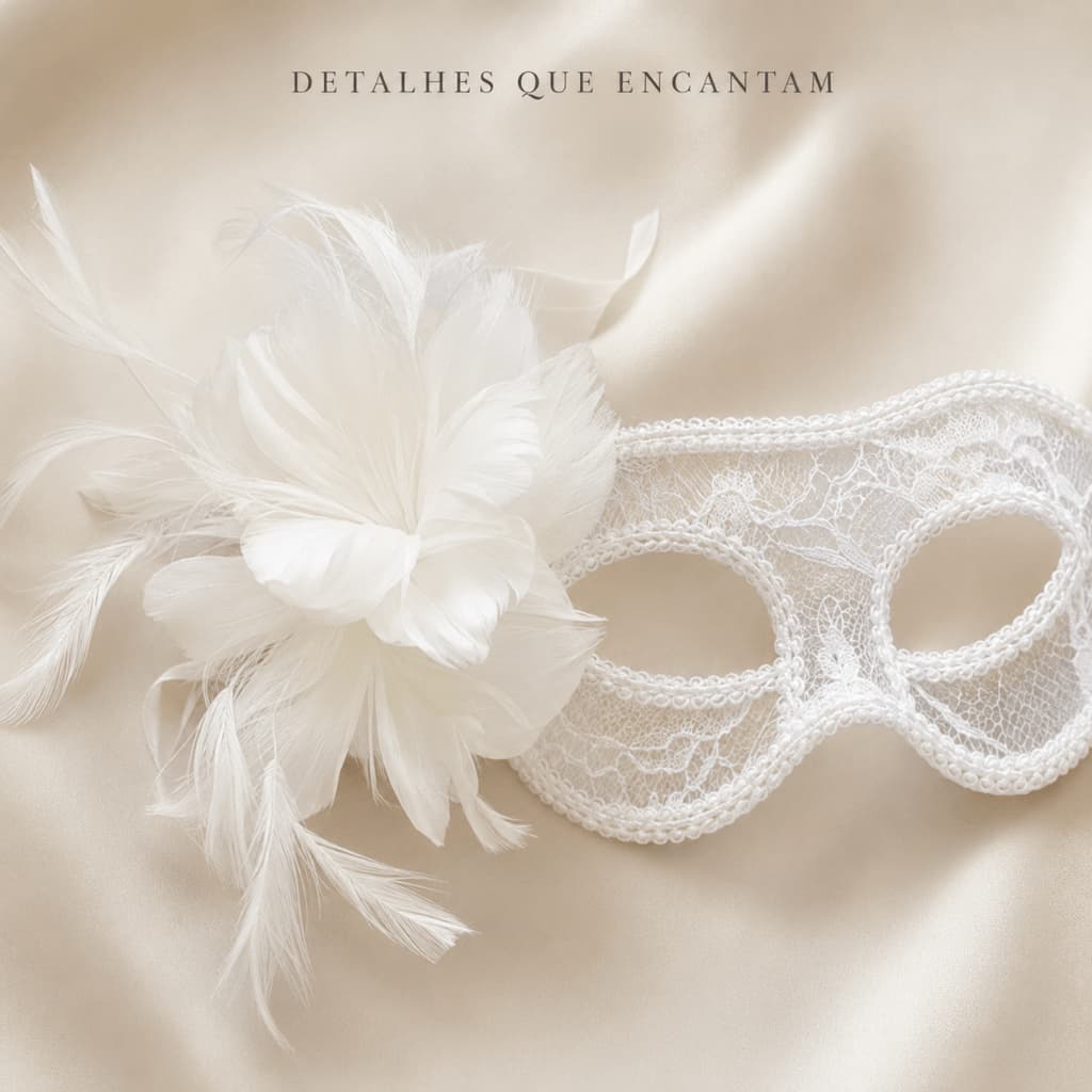 Máscara Veneziana Branca de Renda com Pena e Flor para Carnaval Baile Casamento Festa Fantasia Feminina