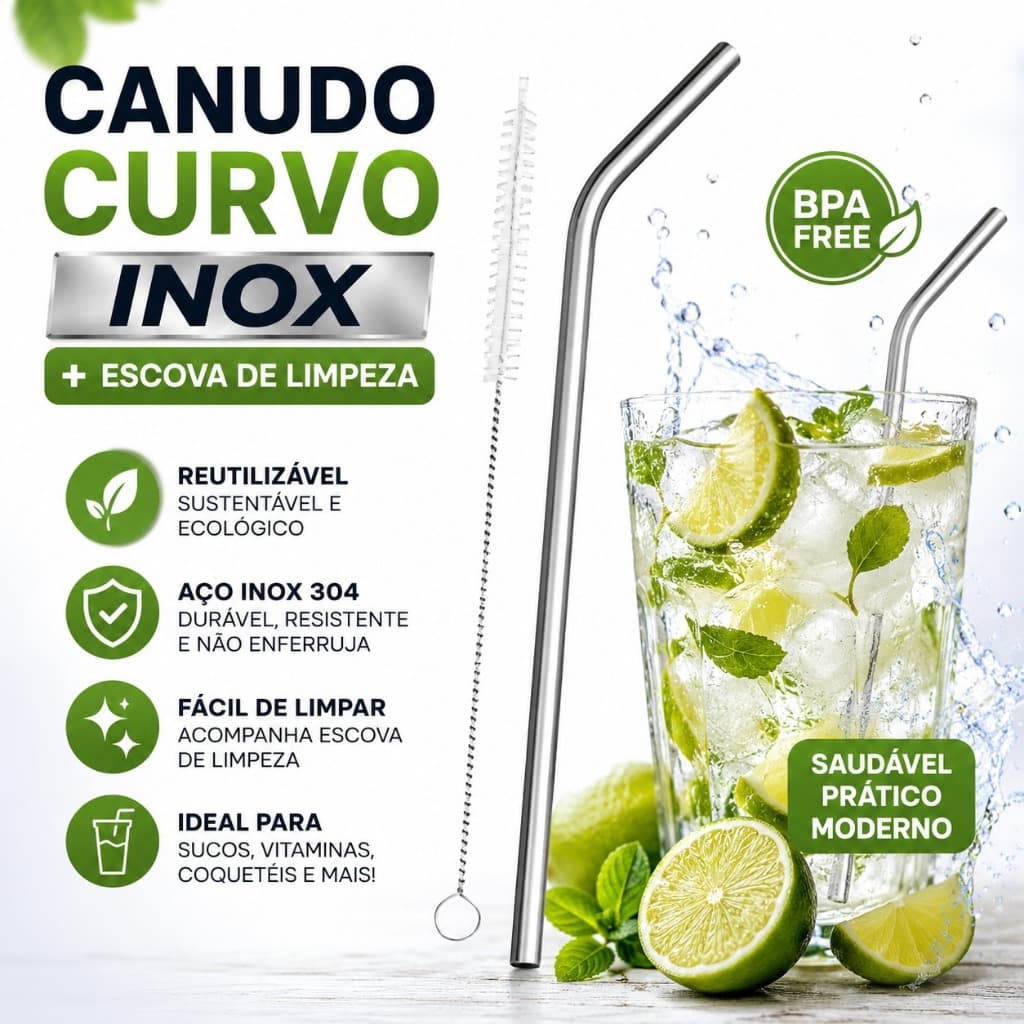 Canudo Curvo Inox Reutilizável 21,5cm com Escova de Limpeza Aço Inoxidável para Suco Drink Vitamina
