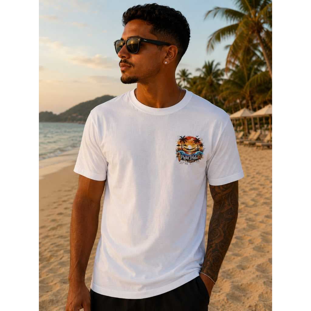 Camiseta Masculina Pura Vida em Algodão 30.1 – Estampa Exclusiva Na Frente e Costas | Estilo Praia, Verão e Lifestyle