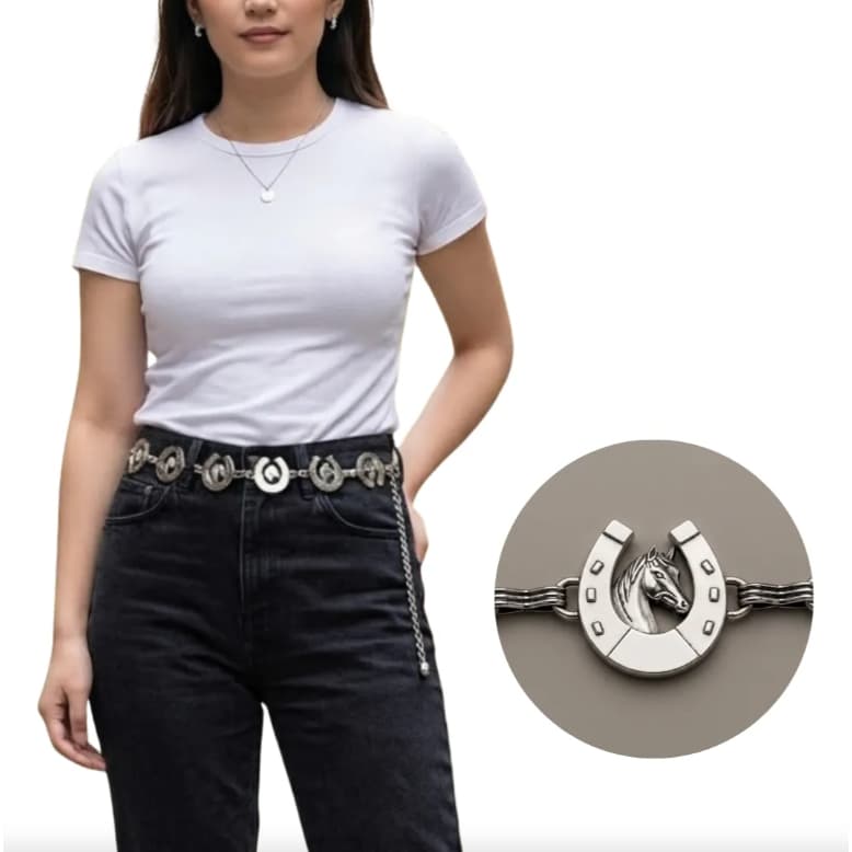 Cinto de Corrente Feminino Western Ajustável com Medalhões de Cavalo e Ferradura