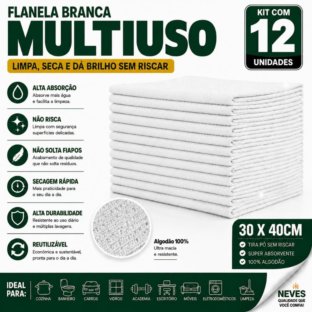 Flanela Branca 100% Algodão Neves 30x50cm Para Limpeza Geral - 12 Unidades