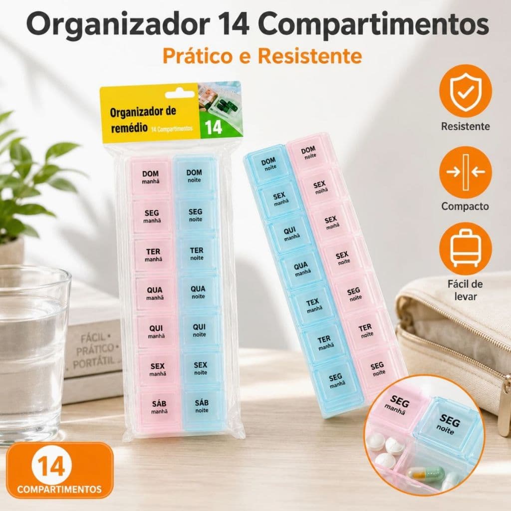 Organizador de Remédios Semanal 14 Compartimentos Porta Comprimidos Caixa para Vitaminas Cápsulas e Medicamentos