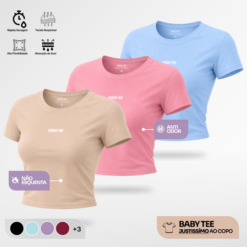 KIT 3 ou 2 Baby Tee Feminina Dry Fit Blusa Slim Fit Manga Curta Blusa de Compressão Ajuste Perfeito