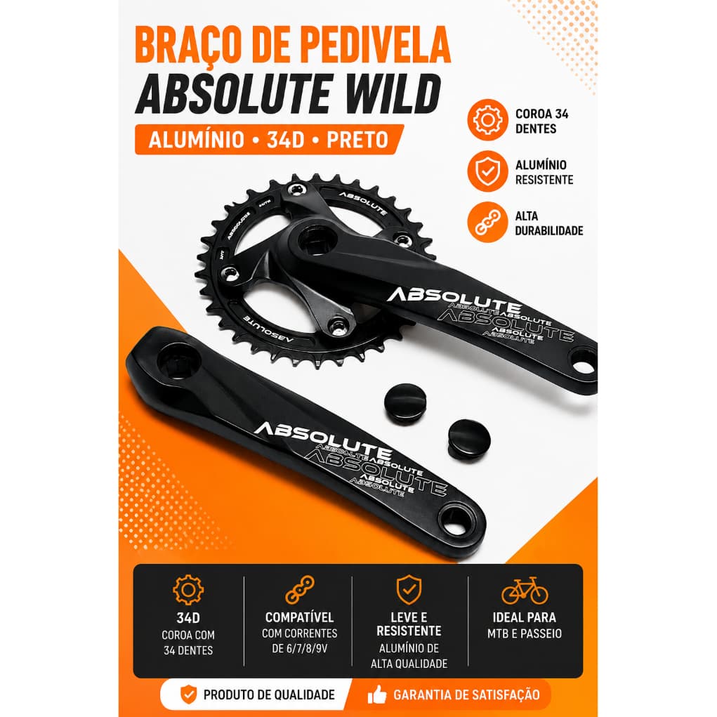Braço Pedivela Absolute Wild Alumínio 34D Preto com Coroa 34 Dentes Bicicleta MTB