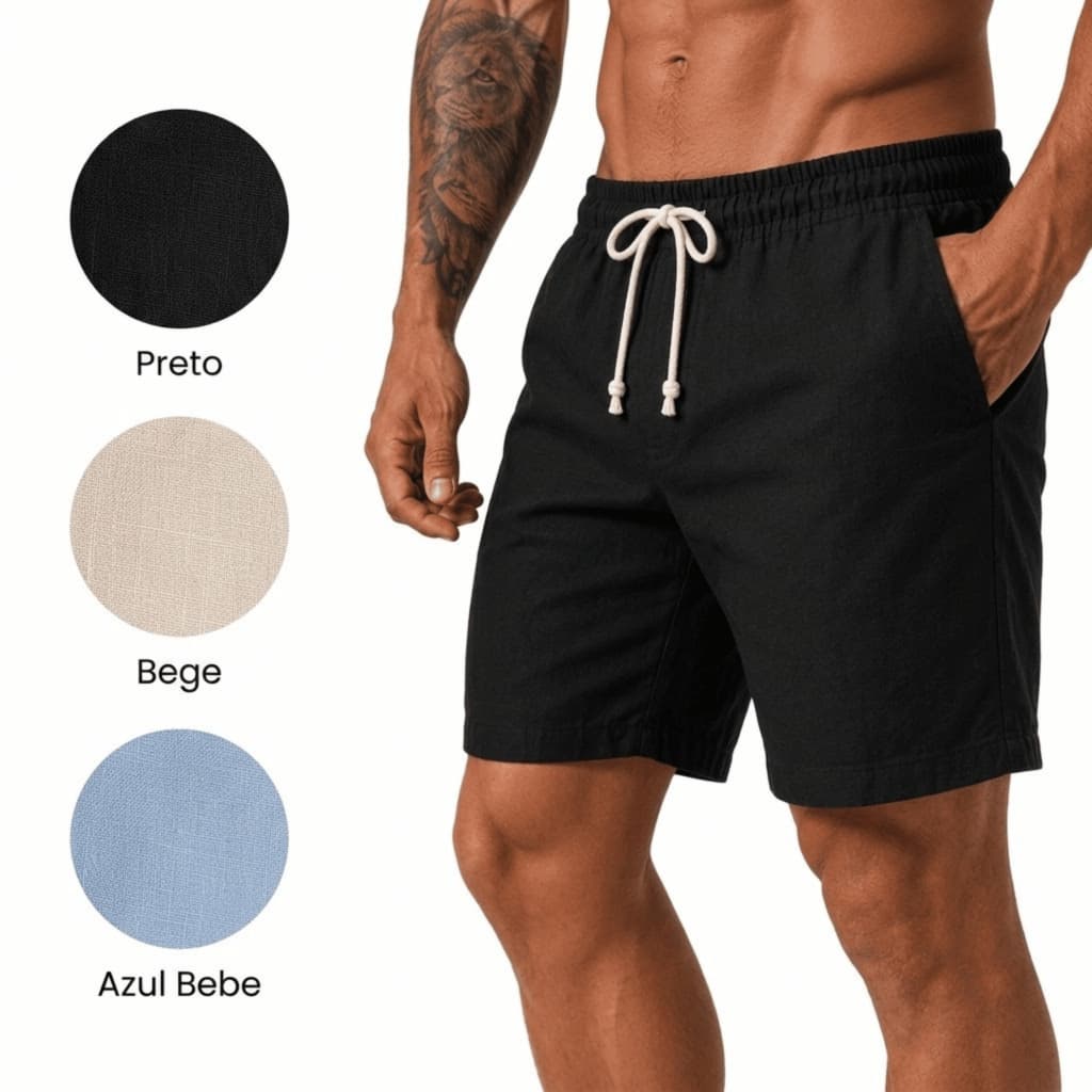 Short Linho Masculino Bermuda Premium Casual Com Bolsos Elástico Cintura Cordão Ajustável Praia Verão Confortável Leve